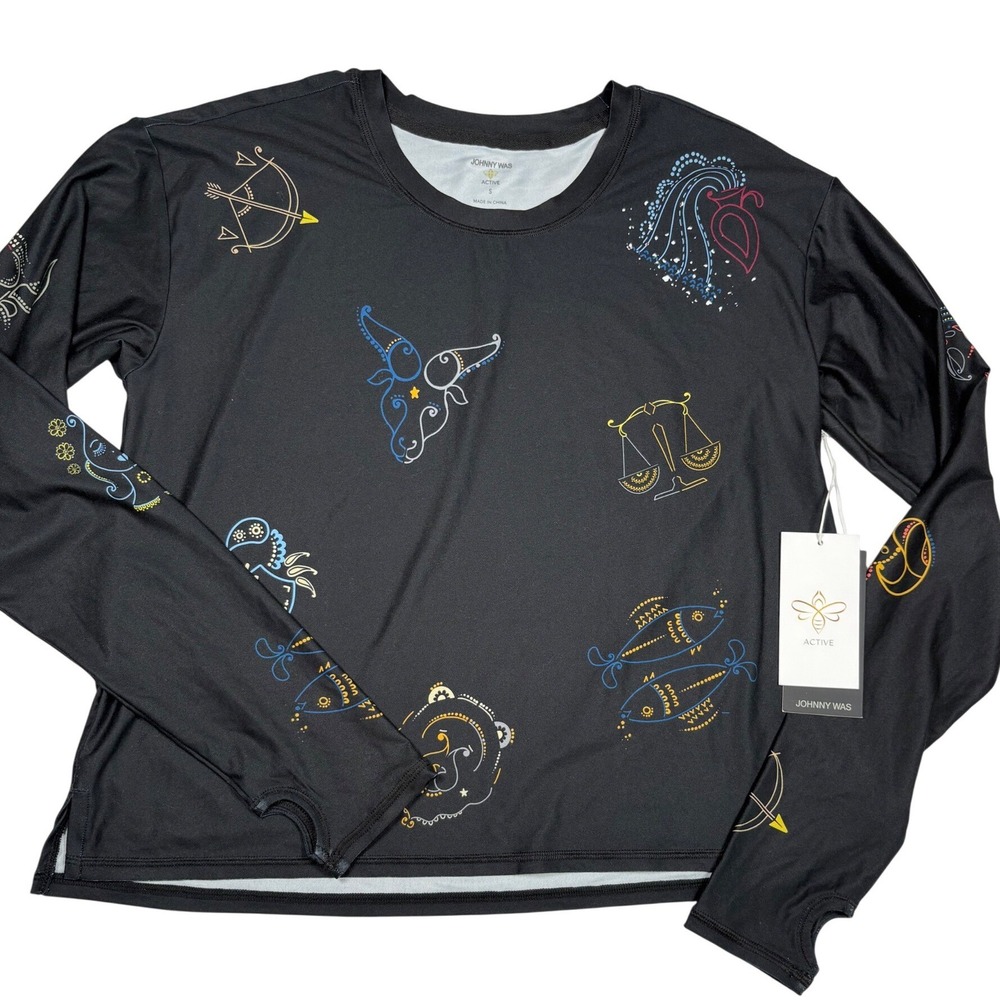 Johnny Was Active Celestin Step Hem Tee Black Zodiac Celestial Long Sleeve S NEW - Picture 5 of 14